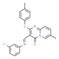 ChemSpider 2D Image | 3-{(E)-[(3-Chlorophenyl)imino]methyl}-7-methyl-2-[(4-methylphenyl)sulfanyl]-4H-pyrido[1,2-a]pyrimidin-4-one | C23H18ClN3OS