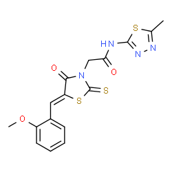 ChemSpider 2D Image | 2-[(5Z)-5-(2-Methoxybenzylidene)-4-oxo-2-thioxo-1,3-thiazolidin-3-yl]-N-(5-methyl-1,3,4-thiadiazol-2-yl)acetamide | C16H14N4O3S3