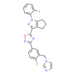 ChemSpider 2D Image | 3-{3-[4-Fluoro-3-(1H-imidazol-1-ylmethyl)phenyl]-1,2,4-oxadiazol-5-yl}-1-(2-fluorophenyl)-1,4,5,6-tetrahydrocyclopenta[c]pyrazole | C24H18F2N6O