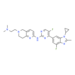 ChemSpider 2D Image | N-[4-(1-Cyclopropyl-4-fluoro-2-methyl-1H-benzimidazol-6-yl)-5-fluoro-2-pyrimidinyl]-6-[2-(dimethylamino)ethyl]-5,6,7,8-tetrahydro-1,6-naphthyridin-2-amine | C27H30F2N8