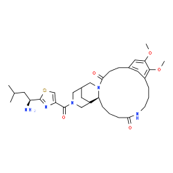 ChemSpider 2D Image | (2S,21S)-23-({2-[(1S)-1-Amino-3-methylbutyl]-1,3-thiazol-4-yl}carbonyl)-12,13-dimethoxy-7,19,23-triazatetracyclo[19.3.1.1~11,15~.0~2,19~]hexacosa-11(26),12,14-triene-6,18-dione | C34H49N5O5S