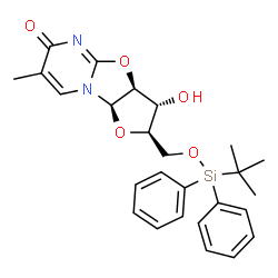 ChemSpider 2D Image | (2R,3R,3aS,9aR)-3-Hydroxy-7-methyl-2-({[(2-methyl-2-propanyl)(diphenyl)silyl]oxy}methyl)-2,3,3a,9a-tetrahydro-6H-furo[2',3':4,5][1,3]oxazolo[3,2-a]pyrimidin-6-one | C26H30N2O5Si