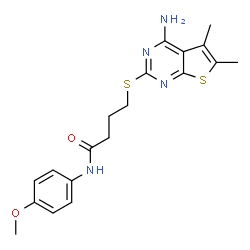 ChemSpider 2D Image | 4-[(4-Amino-5,6-dimethylthieno[2,3-d]pyrimidin-2-yl)sulfanyl]-N-(4-methoxyphenyl)butanamide | C19H22N4O2S2