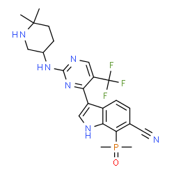 ChemSpider 2D Image | 7-(Dimethylphosphoryl)-3-{2-[(6,6-dimethyl-3-piperidinyl)amino]-5-(trifluoromethyl)-4-pyrimidinyl}-1H-indole-6-carbonitrile | C23H26F3N6OP