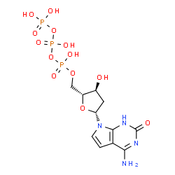 ChemSpider 2D Image | 4-Amino-7-[2-deoxy-5-O-(hydroxy{[hydroxy(phosphonooxy)phosphoryl]oxy}phosphoryl)-beta-D-erythro-pentofuranosyl]-1,7-dihydro-2H-pyrrolo[2,3-d]pyrimidin-2-one | C11H17N4O13P3