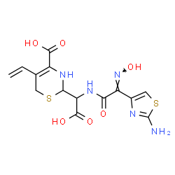 ChemSpider 2D Image | 2-[{[(2E)-2-(2-Amino-1,3-thiazol-4-yl)-2-(hydroxyimino)acetyl]amino}(carboxy)methyl]-5-vinyl-3,6-dihydro-2H-1,3-thiazine-4-carboxylic acid | C14H15N5O6S2