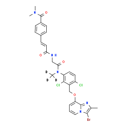 ChemSpider 2D Image | 4-{(1E)-3-[(2-{(3-{[(3-Bromo-2-methylimidazo[1,2-a]pyridin-8-yl)oxy]methyl}-2,4-dichlorophenyl)[(~2~H_3_)methyl]amino}-2-oxoethyl)amino]-3-oxo-1-propen-1-yl}-N,N-dimethylbenzamide | C30H25D3BrCl2N5O4