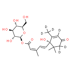 ChemSpider 2D Image | 1-O-{(2Z,4E)-5-[(1S)-1-Hydroxy-6,6-dimethyl-2-(~2~H_3_)methyl-4-oxo(~2~H_3_)-2-cyclohexen-1-yl]-3-methyl-2,4-pentadienoyl}-beta-D-glucopyranose | C21H24D6O9