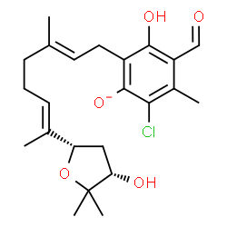 ChemSpider 2D Image | 2-Chloro-4-formyl-5-hydroxy-6-{(2E,6E)-7-[(2S,4S)-4-hydroxy-5,5-dimethyltetrahydro-2-furanyl]-3-methyl-2,6-octadien-1-yl}-3-methylphenolate | C23H30ClO5