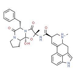 ChemSpider 2D Image | (8beta)-8-{[(2R,5S,10aS,10bS)-5-Benzyl-10b-hydroxy-2-methyl-3,6-dioxooctahydro-8H-[1,3]oxazolo[3,2-a]pyrrolo[2,1-c]pyrazin-2-yl]carbamoyl}-6-methyl-9,10-didehydroergolin-6-ium | C33H36N5O5