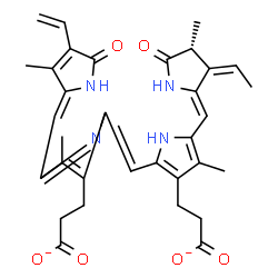 ChemSpider 2D Image | 3-[2-[(Z)-[3-(2-carboxylatoethyl)-4-methyl-5-[(Z)-(3-methyl-5-oxo-4-vinyl-pyrrol-2-ylidene)methyl]pyrrol-2-ylidene]methyl]-5-[(Z)-[(3Z,4R)-3-ethylidene-4-methyl-5-oxo-pyrrolidin-2-ylidene]methyl]-4-methyl-1H-pyrrol-3-yl]propanoate | C33H34N4O6