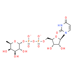 ChemSpider 2D Image | [[(2R,3S,4R,5R)-5-(2,4-dioxopyrimidin-1-yl)-3,4-dihydroxy-tetrahydrofuran-2-yl]methoxy-oxido-phosphoryl] [(2R,3R,4S,5R,6R)-3,4,5-trihydroxy-6-methyl-tetrahydropyran-2-yl] phosphate | C15H22N2O16P2