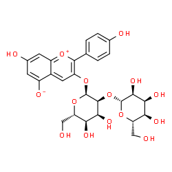 ChemSpider 2D Image | 3-{[2-O-(beta-L-Allopyranosyl)-alpha-L-allopyranosyl]oxy}-7-hydroxy-2-(4-hydroxyphenyl)-5-chromeniumolate | C27H30O15