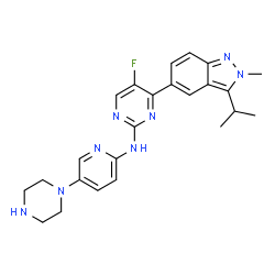ChemSpider 2D Image | 5-Fluoro-4-(3-isopropyl-2-methyl-2H-indazol-5-yl)-N-[5-(1-piperazinyl)-2-pyridinyl]-2-pyrimidinamine | C24H27FN8