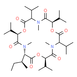 ChemSpider 2D Image | (3S,6R,12R,18R)-3-[(2S)-2-Butanyl]-6,9,12,15,18-pentaisopropyl-4,10,16-trimethyl-1,7,13-trioxa-4,10,16-triazacyclooctadecane-2,5,8,11,14,17-hexone | C34H59N3O9