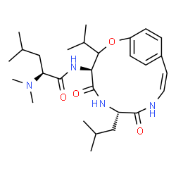 ChemSpider 2D Image | N-[(4S,7S,10Z)-7-Isobutyl-3-isopropyl-5,8-dioxo-2-oxa-6,9-diazabicyclo[10.2.2]hexadeca-1(14),10,12,15-tetraen-4-yl]-N~2~,N~2~-dimethyl-L-leucinamide | C28H44N4O4
