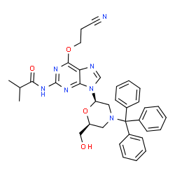 ChemSpider 2D Image | N-{6-(2-Cyanoethoxy)-9-[(2R,6S)-6-(hydroxymethyl)-4-trityl-2-morpholinyl]-9H-purin-2-yl}-2-methylpropanamide | C36H37N7O4