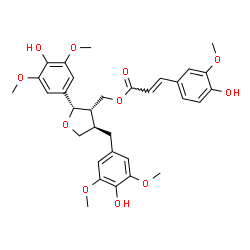 ChemSpider 2D Image | [(2S,3S,4R)-4-(4-Hydroxy-3,5-dimethoxybenzyl)-2-(4-hydroxy-3,5-dimethoxyphenyl)tetrahydro-3-furanyl]methyl (2E)-3-(4-hydroxy-3-methoxyphenyl)acrylate | C32H36O11