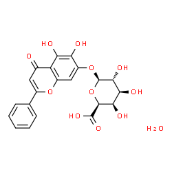 ChemSpider 2D Image | 5,6-Dihydroxy-4-oxo-2-phenyl-4H-chromen-7-yl beta-D-galactopyranosiduronic acid hydrate (1:1) | C21H20O12