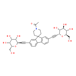 ChemSpider 2D Image | 1-(2-{[(2R,3R,4R,5S,6R)-3,4,5-Trihydroxy-6-(hydroxymethyl)tetrahydro-2H-pyran-2-yl]ethynyl}-7-{[(2R,3S,4R,5R,6R)-3,4,5-trihydroxy-6-(hydroxymethyl)tetrahydro-2H-pyran-2-yl]ethynyl}-1'H-spiro[fluorene-
9,4'-piperidin]-1'-yl)ethanone (non-preferred name) | C35H39NO11