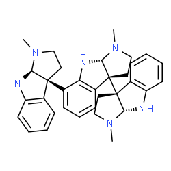 ChemSpider 2D Image | (3aS,3a'S,8aR,8a'R)-1,1'-Dimethyl-7-[(3aR,8aS)-1-methyl-2,3,8,8a-tetrahydropyrrolo[2,3-b]indol-3a(1H)-yl]-2,2',3,3',8,8',8a,8a'-octahydro-1H,1'H-3a,3a'-bipyrrolo[2,3-b]indole | C33H38N6