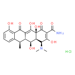 ChemSpider 2D Image | (4aS,5S,5aR,6R,12aS)-4-(Dimethylamino)-3,5,10,12,12a-pentahydroxy-6-methyl-1,11-dioxo-1,4,4a,5,5a,6,11,12a-octahydro-2-tetracenecarboxamide hydrochloride (1:1) | C22H25ClN2O8