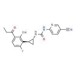 ChemSpider 2D Image | 1-(5-Cyano-2-pyridinyl)-3-[(1R,2S)-2-(6-fluoro-2-hydroxy-3-propionylphenyl)cyclopropyl]urea | C19H17FN4O3