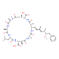 ChemSpider 2D Image | (5R,8S,11R,12S,15S,18S,19R,22R)-8-Isobutyl-18-[(1E,3E,5S,6S)-6-methoxy-3,5-dimethyl-7-phenyl-1,3-heptadien-1-yl]-1,5,12,15,19-pentamethyl-2-methylene-3,6,9,13,16,20,25-heptaoxo-1,4,7,10,14,17,21-hepta
azacyclopentacosane-11,22-dicarboxylic acid | C46H67N7O12