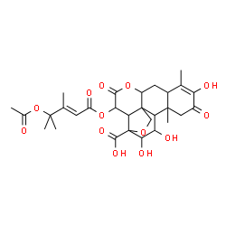 ChemSpider 2D Image | 15-{[(2E)-4-Acetoxy-3,4-dimethyl-2-pentenoyl]oxy}-3,11,12-trihydroxy-2,16-dioxo-13,20-epoxypicras-3-en-21-oic acid | C29H36O13
