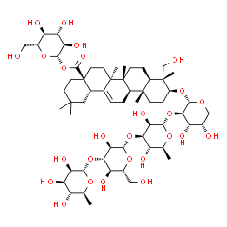 ChemSpider 2D Image | 1-O-[(3beta)-3-{[6-Deoxy-alpha-L-mannopyranosyl-(1->3)-beta-D-glucopyranosyl-(1->3)-6-deoxy-alpha-L-mannopyranosyl-(1->2)-alpha-L-arabinopyranosyl]oxy}-23-hydroxy-28-oxoolean-12-en-28-yl]-beta-D-gluco
pyranose | C59H96O26