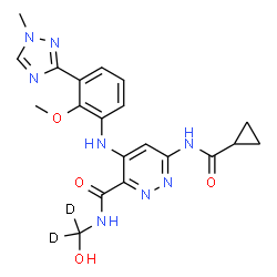 ChemSpider 2D Image | 6-[(Cyclopropylcarbonyl)amino]-N-[hydroxy(~2~H_2_)methyl]-4-{[2-methoxy-3-(1-methyl-1H-1,2,4-triazol-3-yl)phenyl]amino}-3-pyridazinecarboxamide | C20H20D2N8O4