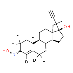 ChemSpider 2D Image | (3E,8R,9S,13R,14S,17R)-13-Ethyl-17-ethynyl-3-(hydroxyimino)(2,2,4,6,6,10-~2~H_6_)-2,3,6,7,8,9,10,11,12,13,14,15,16,17-tetradecahydro-1H-cyclopenta[a]phenanthren-17-ol (non-preferred name) | C21H23D6NO2