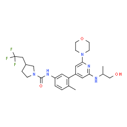 ChemSpider 2D Image | N-(3-{2-[(1-Hydroxy-2-propanyl)amino]-6-(4-morpholinyl)-4-pyridinyl}-4-methylphenyl)-3-(2,2,2-trifluoroethyl)-1-pyrrolidinecarboxamide | C26H34F3N5O3