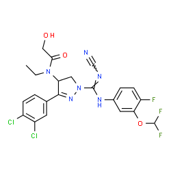 ChemSpider 2D Image | N-[1-{N'-Cyano-N-[3-(difluoromethoxy)-4-fluorophenyl]carbamimidoyl}-3-(3,4-dichlorophenyl)-4,5-dihydro-1H-pyrazol-4-yl]-N-ethyl-2-hydroxyacetamide | C22H19Cl2F3N6O3