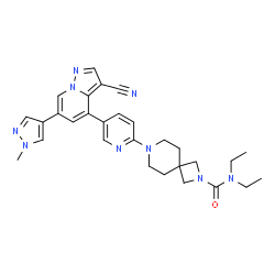 ChemSpider 2D Image | 7-{5-[3-Cyano-6-(1-methyl-1H-pyrazol-4-yl)pyrazolo[1,5-a]pyridin-4-yl]-2-pyridinyl}-N,N-diethyl-2,7-diazaspiro[3.5]nonane-2-carboxamide | C29H33N9O