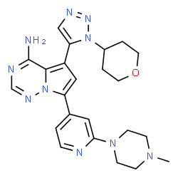 ChemSpider 2D Image | 7-[2-(4-Methyl-1-piperazinyl)-4-pyridinyl]-5-[1-(tetrahydro-2H-pyran-4-yl)-1H-1,2,3-triazol-5-yl]pyrrolo[2,1-f][1,2,4]triazin-4-amine | C23H28N10O
