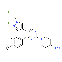 ChemSpider 2D Image | 4-{2-(4-Amino-1-piperidinyl)-5-[1-(2,2,2-trifluoroethyl)-1H-pyrazol-4-yl]-4-pyrimidinyl}-2-fluorobenzonitrile | C21H19F4N7