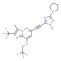 ChemSpider 2D Image | 3-Methyl-6-{[1-methyl-3-(1-pyrrolidinyl)-1H-1,2,4-triazol-5-yl]ethynyl}-8-(2,2,2-trifluoroethoxy)-2-(trifluoromethyl)imidazo[1,2-b]pyridazine | C19H17F6N7O