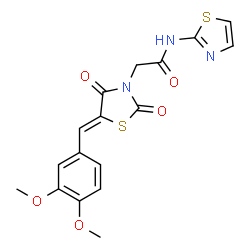 ChemSpider 2D Image | 2-[(5Z)-5-(3,4-Dimethoxybenzylidene)-2,4-dioxo-1,3-thiazolidin-3-yl]-N-(1,3-thiazol-2-yl)acetamide | C17H15N3O5S2
