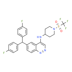 ChemSpider 2D Image | 6-[Bis(4-fluorophenyl)methyl]-N-{1-[(trifluoromethyl)sulfonyl]-4-piperidinyl}-4-cinnolinamine | C27H23F5N4O2S