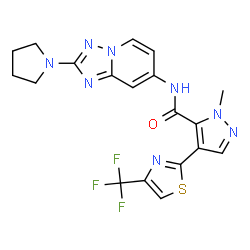 ChemSpider 2D Image | 1-Methyl-N-[2-(1-pyrrolidinyl)[1,2,4]triazolo[1,5-a]pyridin-7-yl]-4-[4-(trifluoromethyl)-1,3-thiazol-2-yl]-1H-pyrazole-5-carboxamide | C19H17F3N8OS
