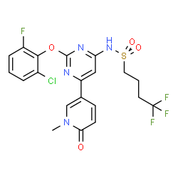 ChemSpider 2D Image | N-[2-(2-Chloro-6-fluorophenoxy)-6-(1-methyl-6-oxo-1,6-dihydro-3-pyridinyl)-4-pyrimidinyl]-4,4,4-trifluoro-1-butanesulfonamide | C20H17ClF4N4O4S