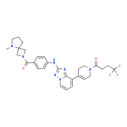 ChemSpider 2D Image | 4,4,4-Trifluoro-1-{4-[2-({4-[(5-methyl-2,5-diazaspiro[3.4]oct-2-yl)carbonyl]phenyl}amino)[1,2,4]triazolo[1,5-a]pyridin-8-yl]-3,6-dihydro-1(2H)-pyridinyl}-1-butanone | C29H32F3N7O2