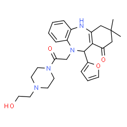 ChemSpider 2D Image | 11-(2-Furyl)-10-{2-[4-(2-hydroxyethyl)-1-piperazinyl]-2-oxoethyl}-3,3-dimethyl-2,3,4,5,10,11-hexahydro-1H-dibenzo[b,e][1,4]diazepin-1-one | C27H34N4O4