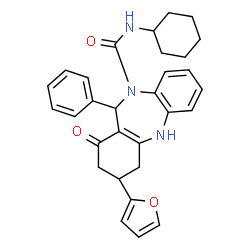 ChemSpider 2D Image | N-Cyclohexyl-3-(2-furyl)-1-oxo-11-phenyl-1,2,3,4,5,11-hexahydro-10H-dibenzo[b,e][1,4]diazepine-10-carboxamide | C30H31N3O3
