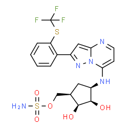 ChemSpider 2D Image | {(1R,2S,3R,4R)-2,3-Dihydroxy-4-[(2-{2-[(trifluoromethyl)sulfanyl]phenyl}pyrazolo[1,5-a]pyrimidin-7-yl)amino]cyclopentyl}methyl sulfamate | C19H20F3N5O5S2