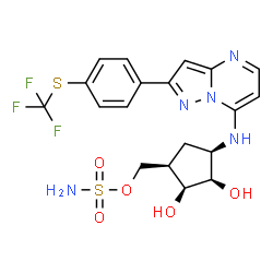 ChemSpider 2D Image | {(1R,2S,3R,4R)-2,3-Dihydroxy-4-[(2-{4-[(trifluoromethyl)sulfanyl]phenyl}pyrazolo[1,5-a]pyrimidin-7-yl)amino]cyclopentyl}methyl sulfamate | C19H20F3N5O5S2
