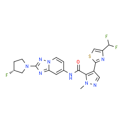 ChemSpider 2D Image | 4-[4-(Difluoromethyl)-1,3-thiazol-2-yl]-N-{2-[(3R)-3-fluoro-1-pyrrolidinyl][1,2,4]triazolo[1,5-a]pyridin-7-yl}-1-methyl-1H-pyrazole-5-carboxamide | C19H17F3N8OS