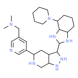 ChemSpider 2D Image | N,N-Dimethyl-1-(5-{3-[4-(1-piperidinyl)octahydro-1H-benzimidazol-2-yl]octahydro-1H-pyrazolo[3,4-c]pyridin-5-yl}-3-pyridinyl)methanamine | C26H44N8
