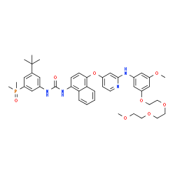 ChemSpider 2D Image | 1-[3-(Dimethylphosphoryl)-5-(2-methyl-2-propanyl)phenyl]-3-[4-({2-[(3-methoxy-5-{2-[2-(2-methoxyethoxy)ethoxy]ethoxy}phenyl)amino]-4-pyridinyl}oxy)-1-naphthyl]urea | C42H51N4O8P